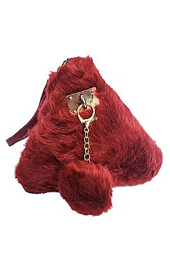 FAUX FUR CLUTCH PURSE WITH FUR POMPOM