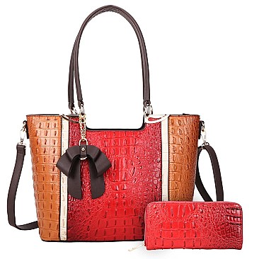 2 IN 1 RIBBON ACCENT ALLIGATOR SATCHEL WALLET SET