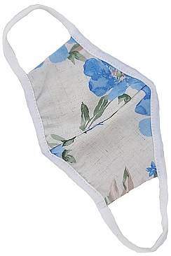 WHITE WITH BLUE FLOWER REUSABLE COTTON MASK