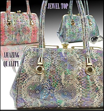 AMAZING SNAKE PRINT JEWEL TOP STONED SATCHEL & TOTE