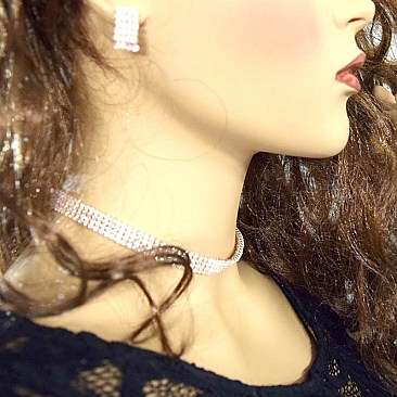 AMN3076-LP Rhinestone Meshed Choker Necklace Earring SET