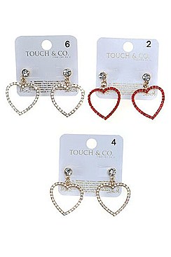 PACK OF (12 PIECES) RHINESTONES HEART SHAPE DANGLE EARRINGS FM-ANE4360