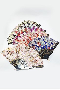 PACK OF 12 Flower Print Hand Folding Fan - Party Favor