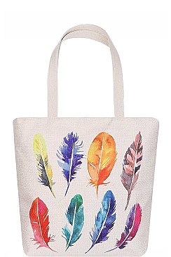 MULTI COLOR FEATHER WATER COLOR PRINT ECCO TOTE BAG