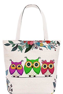 CUTE OWLS PRINTED CANVAS TOTE BAG