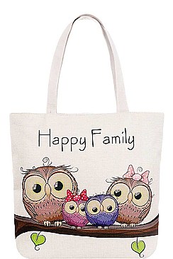 OWL HAPPY FAMILY PRINT CANVAS TOTE BAG