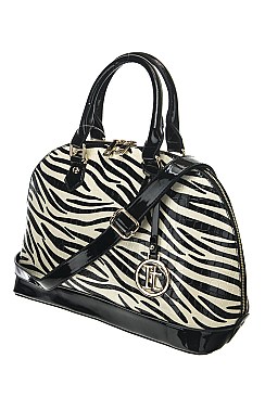 Zebra Print Patent Textured Doom Shape Satchel