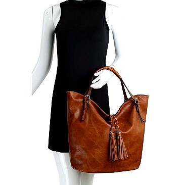 LARGE BRAIDED TASSEL TOTE