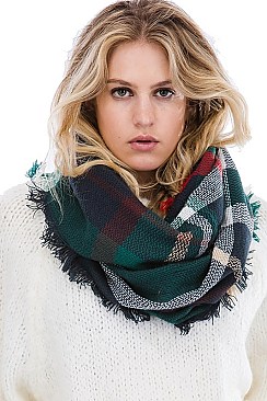 PACK OF 12 CHIC ASSORTED COLOR PLAID PATTERN INFINITY SCARVES