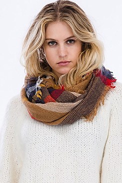 PACK OF 12 CHIC ASSORTED COLOR PLAID PATTERN INFINITY SCARVES