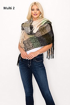 TRENDY PLAID PATTERN MULTI TONE FRINGE SCARF