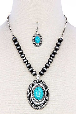 STYLISH HUGE OVATE GEM PENDANT BEADED NECKLACE SET JYAS6226