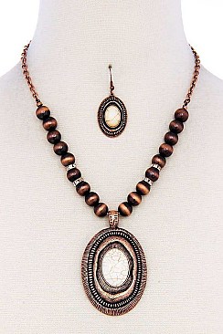 STYLISH HUGE OVATE GEM PENDANT BEADED NECKLACE SET JYAS6226