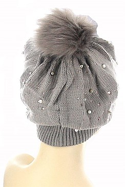 Pack of 12 (pieces) Assorted Crystal and Pearl Stud Accent Faux Fur Pom Beanies FM-AT151