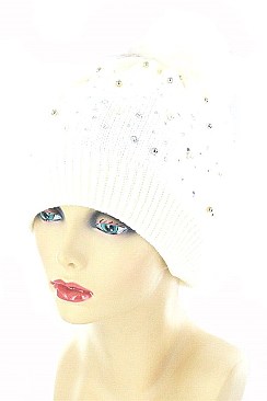 Pack of 12 (pieces) Assorted Crystal and Pearl Stud Accent Faux Fur Pom Beanies FM-AT151