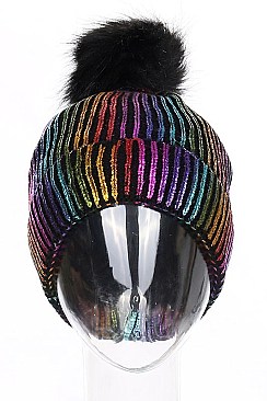 Metallic Foil Beanie w Pom-Pom