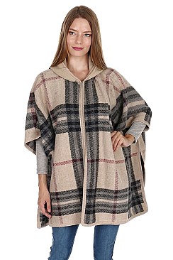 PLAID PATTERN HOODED PONCHO FM-AV292