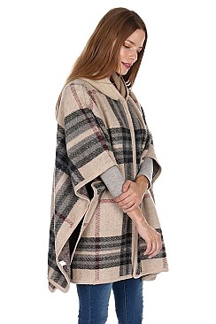 PLAID PATTERN HOODED PONCHO FM-AV292
