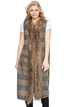 Classic Longline Plaid Pattern Soft Fur Collar Vest