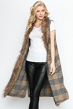 Classic Longline Plaid Pattern Soft Fur Collar Vest
