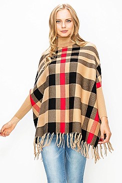 Trendy Plaid Pattern Fancy Poncho with Sleeves