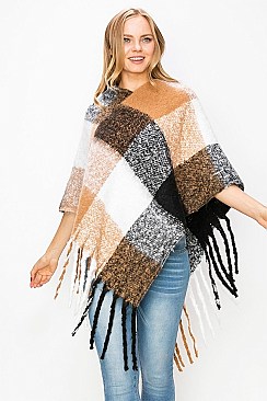 Stylish Fringe Trim Square Pattern Fashion Poncho