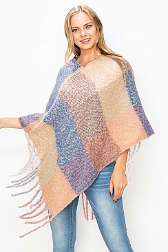 Stylish Fringe Trim Square Pattern Fashion Poncho