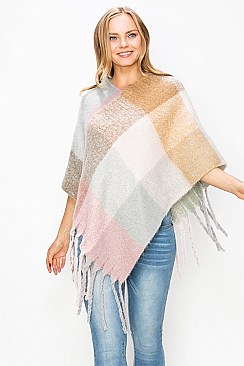 Stylish Fringe Trim Square Pattern Fashion Poncho