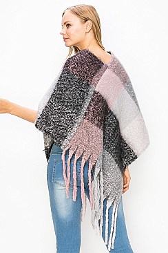 Stylish Fringe Trim Square Pattern Fashion Poncho