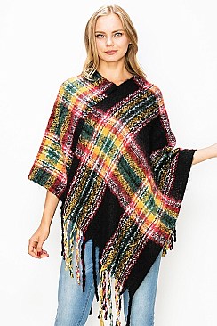 Charming Fringe Trim Multi Color Fashion Poncho