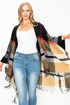 Classic Fringe Trim Multi Color Oversized Fashion Poncho