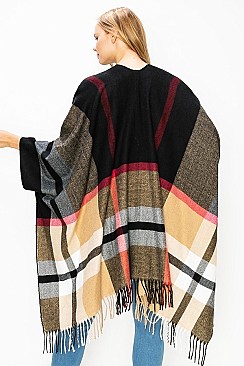 Classic Fringe Trim Multi Color Oversized Fashion Poncho