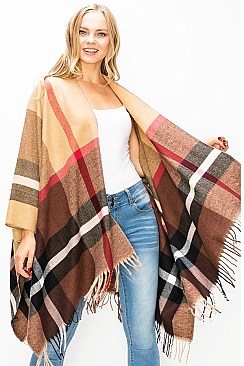 Classic Fringe Trim Multi Color Oversized Fashion Poncho