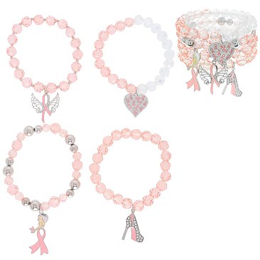 Cryatal Pink Ribbon BEADED STACKABLE CHARM BRACELET SET