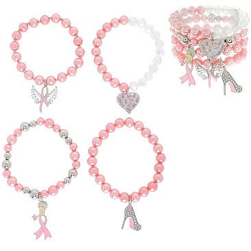 Cryatal Pink Ribbon BEADED STACKABLE CHARM BRACELET SET