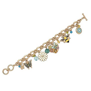 BEE BUTTERFLY FLOWER CHARMS TOGGLE BRACELET