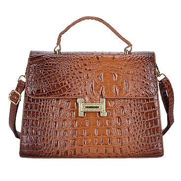 Quality " H " Metal Accent Crocodile Satchel