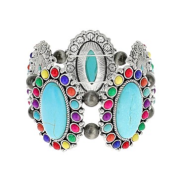 Trendy Western Turquoise Squash Blossom Stretch Bracelet