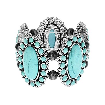 Trendy Western Turquoise Squash Blossom Stretch Bracelet