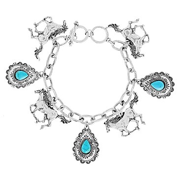 ENCHANTING HORSE WESTERN STYLE TURQUOISE CHARMS TOGGLE BRACELET