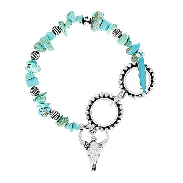 STYLISH STEER SKULL WESTERN STYLE CHARM PEBBLE TURQUOISE BEAD TOGGLE BRACELET