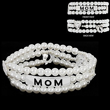 LOVELY MOTHERS DAY MOM THREE LAYERED PEARL STRETCH BRACELET