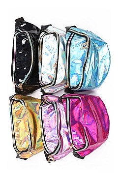 PACK OF ASSORTED COLOR HOLOGRAPHIC FANNY PACK DOUBLE ZIPPER ( 12 PCS ) FM-BA1100