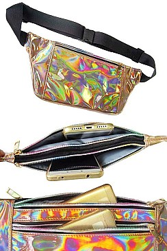 PACK OF ASSORTED COLOR HOLOGRAPHIC FANNY PACK MULTI ZIPPER ( 12 PCS ) FM-BA1103