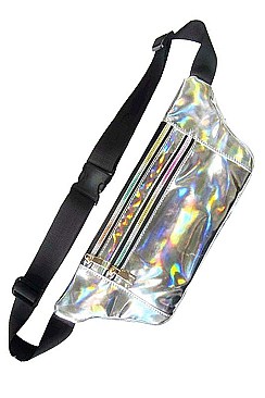 PACK OF ASSORTED COLOR HOLOGRAPHIC FANNY PACK MULTI ZIPPER ( 12 PCS ) FM-BA1103