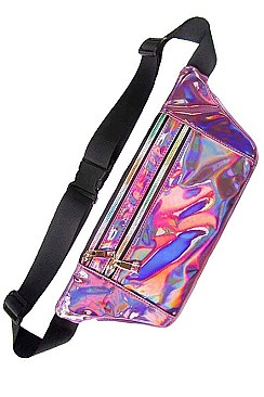 PACK OF ASSORTED COLOR HOLOGRAPHIC FANNY PACK MULTI ZIPPER ( 12 PCS ) FM-BA1103