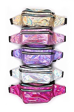 PACK OF ASSORTED COLOR HOLOGRAPHIC FANNY PACK MULTI ZIPPER ( 12 PCS ) FM-BA1168