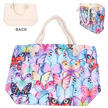 Butterfly Print Canvas Rope Handle Shopper Tote