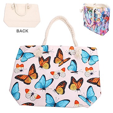 Butterfly Print Canvas Rope Handle Shopper Tote