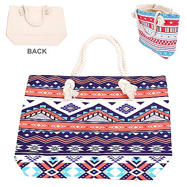 Aztec Print Canvas Rope Handle Shopper Tote